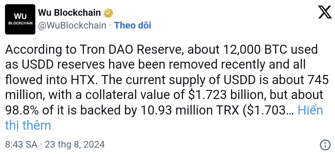 TRON âm thầm rút hết 720 triệu USD Bitcoin bảo chứng cho stablecoin USDD