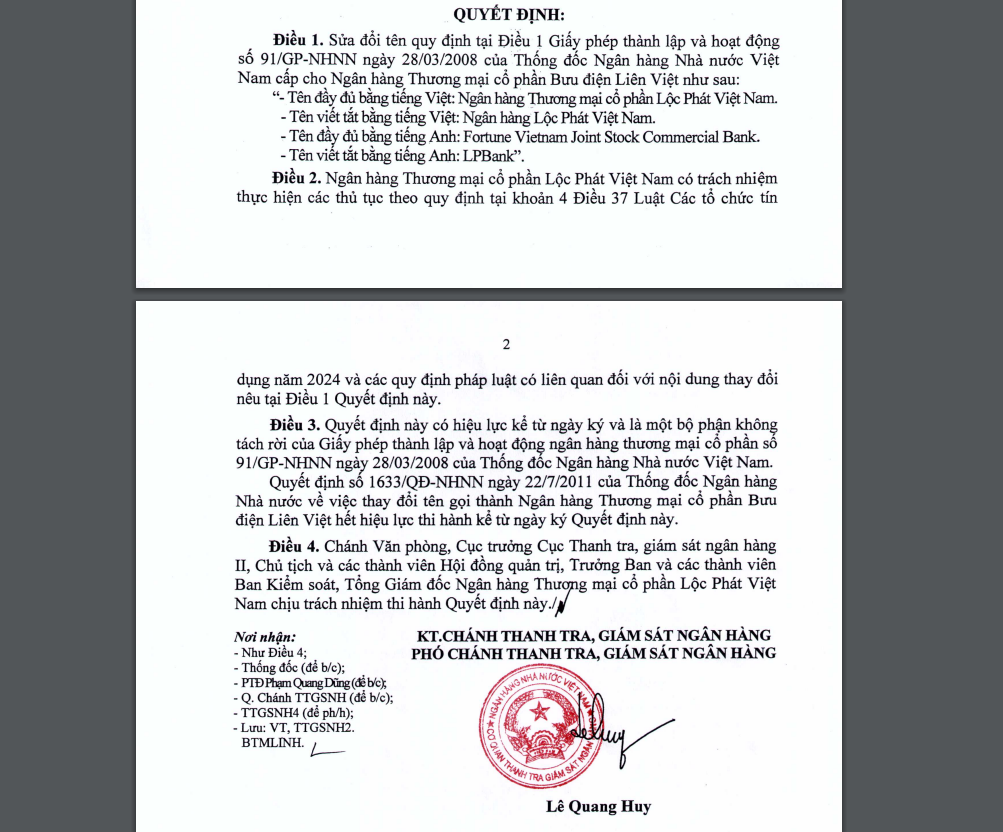 Quyết định về việc sửa đổi nội dung Giấy phép thành lập và hoạt động của Ngân hàng thương mại cổ phần Bưu điện Liên Việt