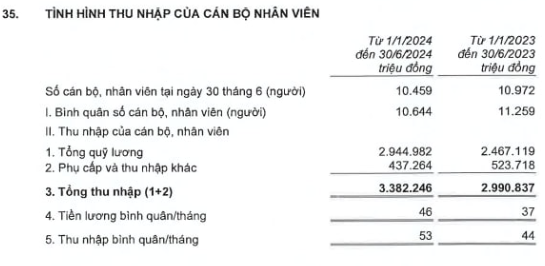 Thu nhập nhân viên ngân hàng mẹ Techcombank (Nguồn: BCTC Techcombank quý II)

